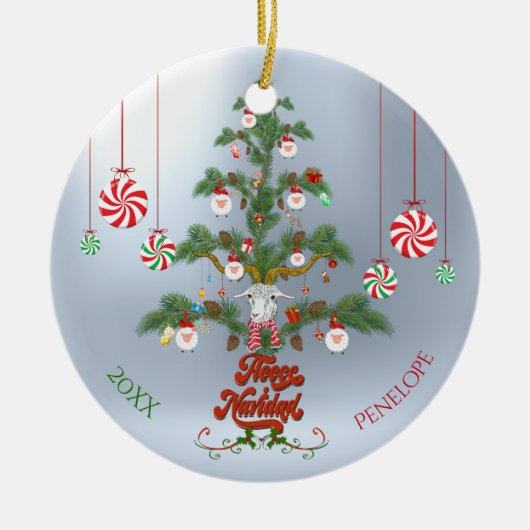 Name und Datum Fleece Navidad Sheep Weihnachten T Keramik Ornament (Vorne)