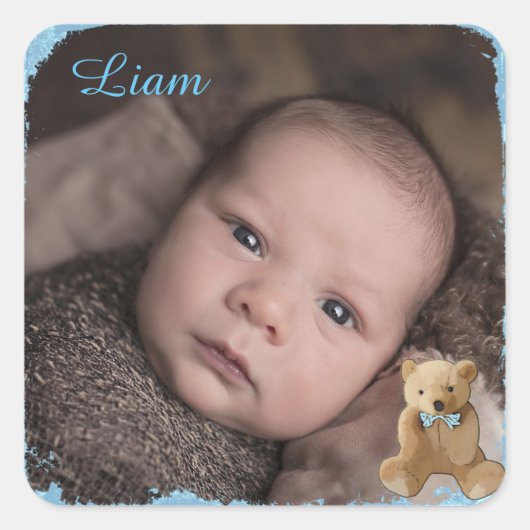 Name und Foto des Babys Quadratischer Aufkleber (Vorderseite)