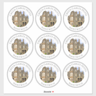 Name und Foto des Hotels auf einem Blatt mit 9 Auf Aufkleber