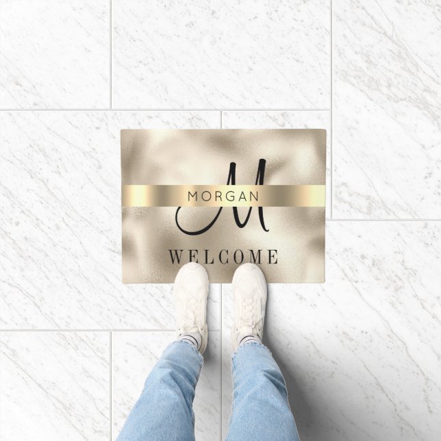 Name und große Monogramm, Nachricht, Schwarzer Tex Fußmatte (Indoor)