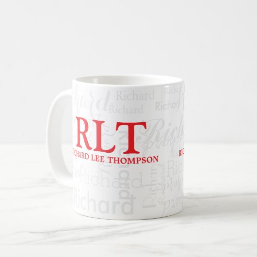 Name und Initialen Personalisiert Modernes rotes M Kaffeetasse (Vorderseite Links)