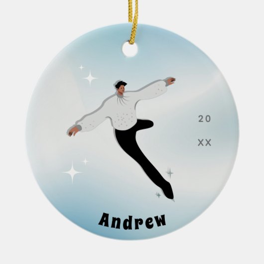 Name und Jahr der brünetten Boy-Abbildung Ice-Skat Keramik Ornament (Vorne)