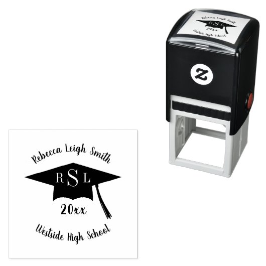 Name und Monogram Script Graduation Cap-Klasse Permastempel (Beispiel)