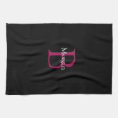 Name und Monogramm auf Schwarz Geschirrtuch (Horizontal)