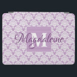 Name und Monogramm der Lavendel iPad Air Hülle<br><div class="desc">Dieses schöne iPad Gehäuse zeichnet sich durch ein klassisches weißes Damast-Muster über einem Lavendel oder staubigen lila Hintergrund aus. Das Design ist personalisiert mit einem Monogramm Anfangsbuchstaben sowie einem anpassbaren Namen. Ideal für die Arbeit oder die Schule, oder jede Frau, die ein hübsches Gehäuse mit einem schlichten und eleganten Design...</div>