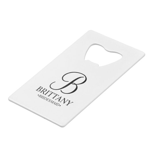Name und Monogramm der personalisierten Bridesmaid Geldbeutel Flaschenöffner (Vorderseite Schrägansicht)