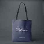Name und Monogramm der personalisierten Trauzeuge Tasche<br><div class="desc">Fügen Sie eine persönliche Touch zu Ihrer Hochzeit mit personalisierten Trauzeugen zu Tasche. Diese Tasche zeigt den Namen des personalisierten Trauzeugen im Schriftart-Stil mit weißen klassischen Schriftzeichen,  mit Hochzeitsdetails im klassischen Serifenstil und Monogramm im hellblau-klassischen Serif-Schriftart-Stil,  als Hintergrund,  auf marinebasischem Hintergrund. Auch perfekt für Trauzeuge,  Brautvater,  Ringträger und mehr.</div>