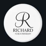 Name und Monogramm des personalisierten Trauzeugen Magnet<br><div class="desc">Eleganter Personalisierter Trauzeuge in Schwarz und Weiß mit personalisiertem Monogramm im eleganten,  schwarzen Skript-Schriftart-Stil mit Trauzeugen Namen und Titel im klassischen Serif-Schriftart-Stil auf weißem Hintergrund. Auch perfekt für Trauzeuge,  Brautvater,  Brautjungfrau,  Trauzeugin,  Blume Mädchen,  Brautmutter und mehr.</div>