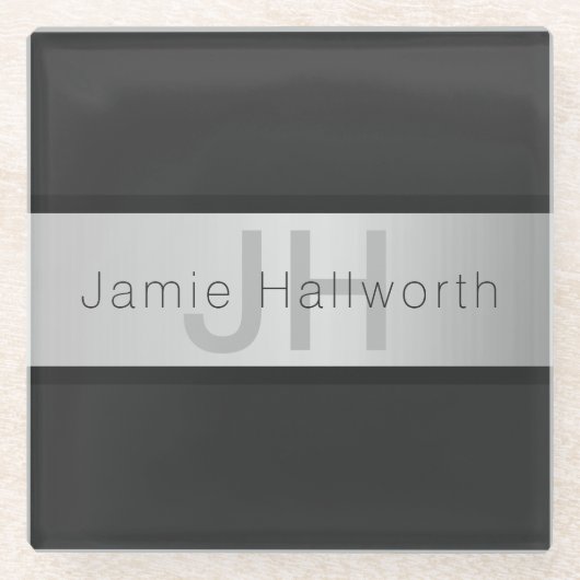 Name und Monogramm | Grays & Imitate Silver Look Glasuntersetzer (Vorderseite)