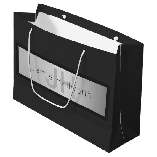 Name und Monogramm | Grays & Imitate Silver Look Große Geschenktüte (Vorderseite Schrägansicht)