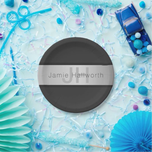 Name und Monogramm | Grays & Imitate Silver Look Pappteller (Party)