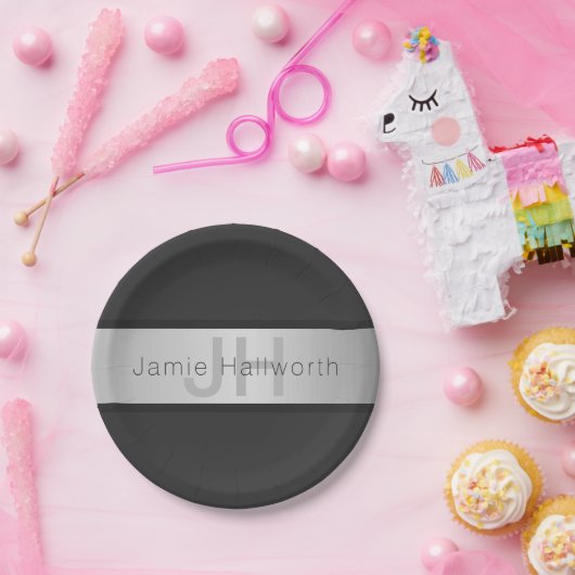 Name und Monogramm | Grays & Imitate Silver Look Pappteller (Party)