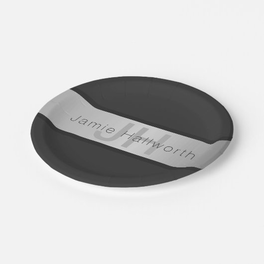 Name und Monogramm | Grays & Imitate Silver Look Pappteller (Schrägansicht)