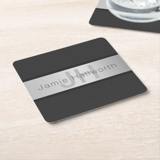Name und Monogramm | Grays & Imitate Silver Look Rechteckiger Pappuntersetzer (angewinkelt)