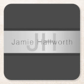 Name und Monogramm | Grays & Imitate Silver Look Rechteckiger Pappuntersetzer (Vorderseite)