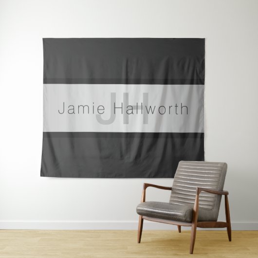 Name und Monogramm | Grays & Imitate Silver Look Wandteppich (Beispiel (Horizontal))