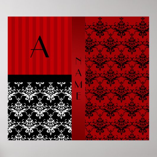 Name und monogramm rote Damaststreifen Poster (Vorne)