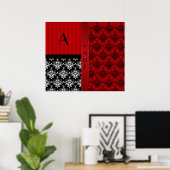 Name und monogramm rote Damaststreifen Poster (Heimbüro)