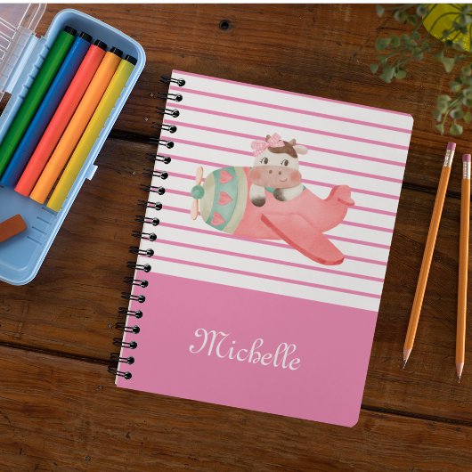 Name und Niedliche Aquarellkuh in Flugzeug, Whimsi Notizblock