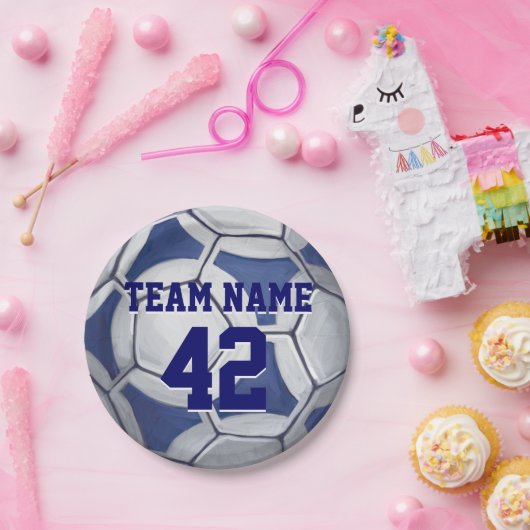 Name und Nummer des Fußball-Balls blau und weiß Pappteller (Party)