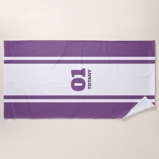 Name und Nummer des weißen und Lila Sportstreifens Strandtuch (Vorderseite)