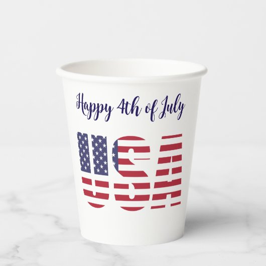 Name, USA Flag Stencil Happy 4th 8oz oder 12oz Par Pappbecher (Vorderseite)