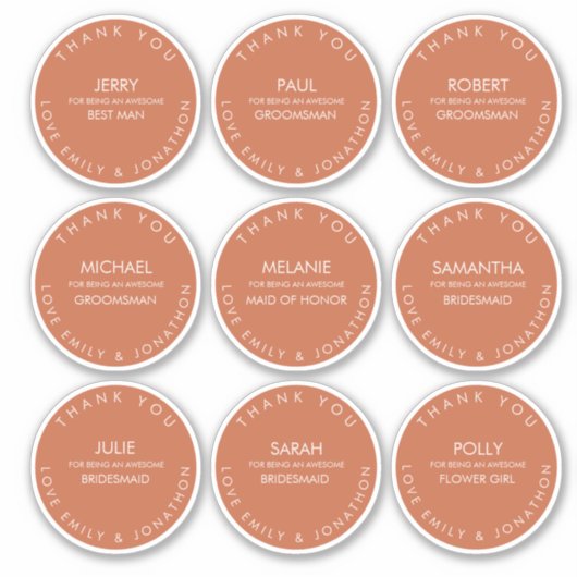 Name Vielen Dank Brautparty Terracotta Aufkleber (Vorderseite)
