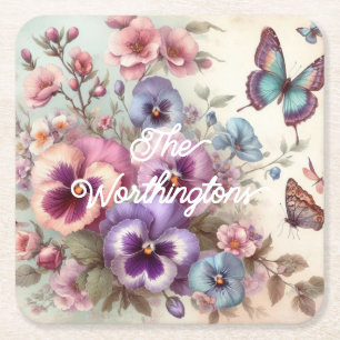 Name Wasserfarbe Vintage Stiefmütterchen Blume Pas Rechteckiger Pappuntersetzer