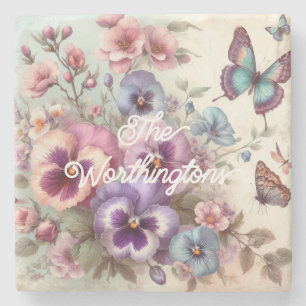 Name Wasserfarbe Vintage Stiefmütterchen Blume Pas Steinuntersetzer