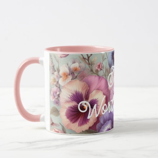 Name Wasserfarbe Vintage Stiefmütterchen Blume Pas Tasse (Links)