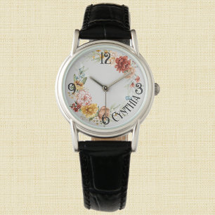Name: Watercolor Dutch Florals Black Leather Watch Armbanduhr