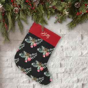 Name Watercolor Foliage Green Red Bell Nordic Großer Weihnachtsstrumpf