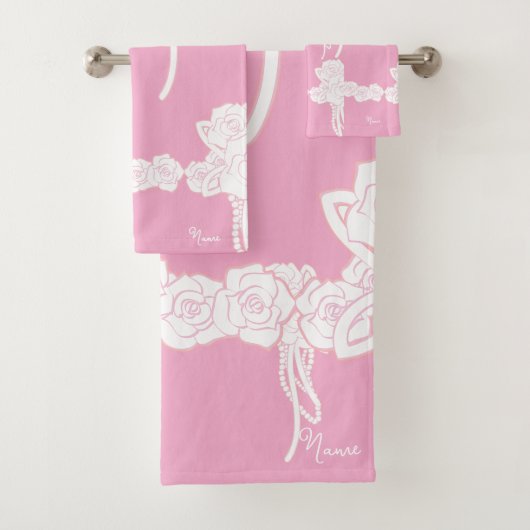 Name Weiße Rosen Rosa Geschenk Badhandtuch Set (Insitu)