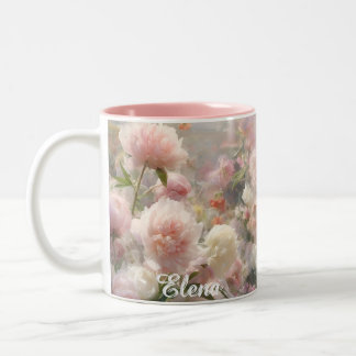 Name Weiße und rosa Pfingstrosen Aquarellmalerei Zweifarbige Tasse