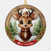 Name Whimsical Reindeer Rustic Holiday Tree 🦌🎄 Keramik Ornament (Vorne)