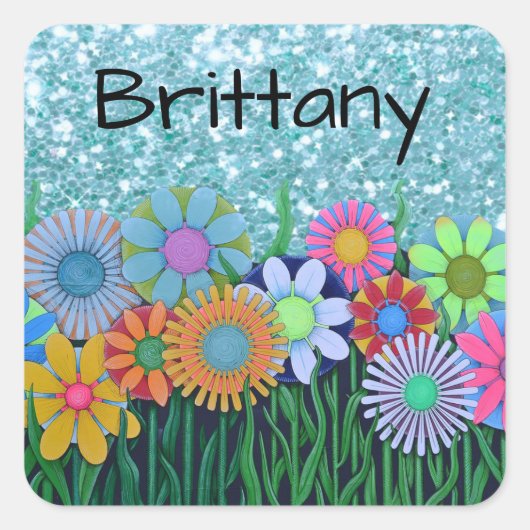 Name zu farbigen Blume hinzufügen Blue Glitzer Auf Quadratischer Aufkleber (Vorderseite)