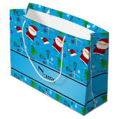 Namehimmelblau Lacrosseweihnachtsmuster Große Geschenktüte (Rückseite Schrägansicht)
