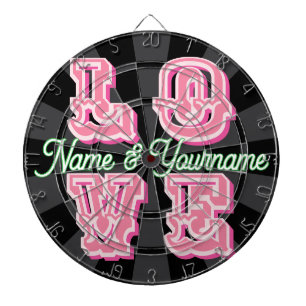Namen auf schwarzer Holzkohlegrau Pink Vintage LOV Dartscheibe