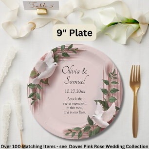 Namen Datum Nachricht Rosa Rosen & Tauben Hochzeit Pappteller
