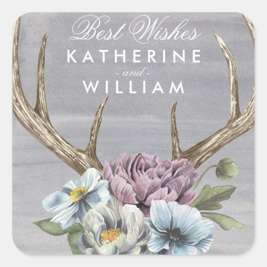 Namen hinzufügen | Floral Deer Antlers Quadratischer Aufkleber (Vorderseite)
