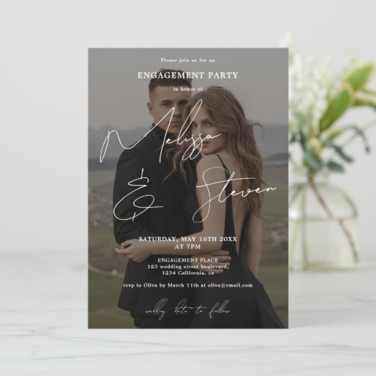 Namen Skriptkalligrafie, Foto für weiße Verlobung Einladung (Stehend Vorderseite)