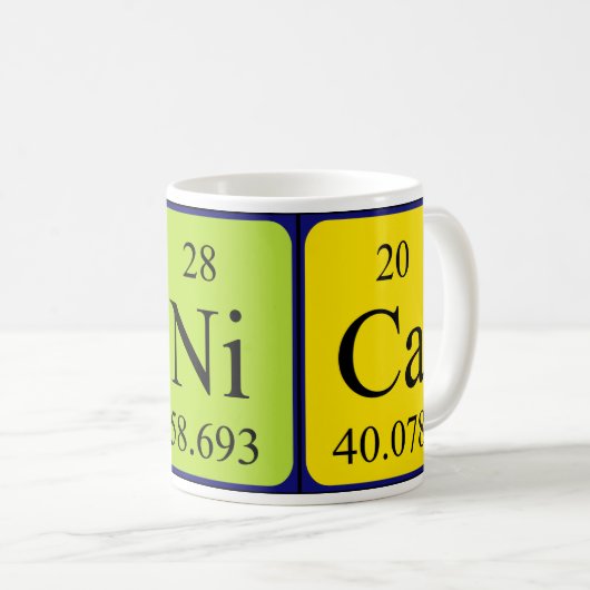 Namen-Tasse periodischer Tabelle Monica Kaffeetasse (VorderseiteRechts)