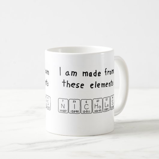 Namen-Tasse periodischer Tabelle Nicholas Kaffeetasse (VorderseiteRechts)