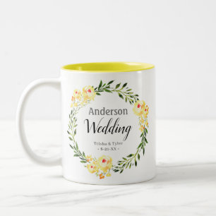 Namen und Date Yellow Watercolor Blume Hochzeit Zweifarbige Tasse