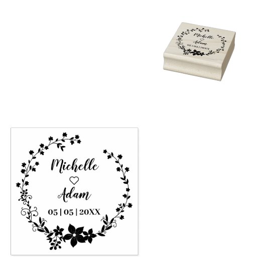 Namen und Datum der romantischen Hochzeit von Blum Gummistempel (Stempel)
