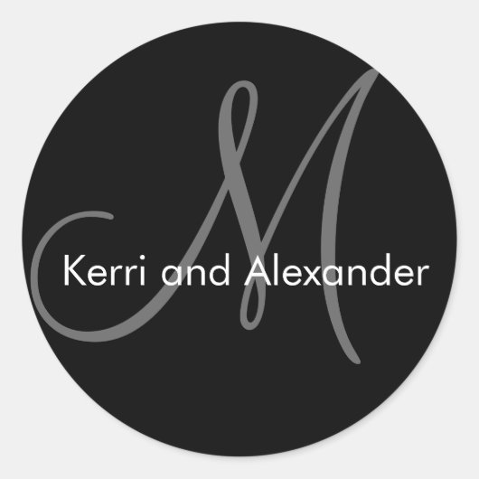 Namen und Monogramm-Hochzeitsticker Schwarz Runder Aufkleber (Vorderseite)