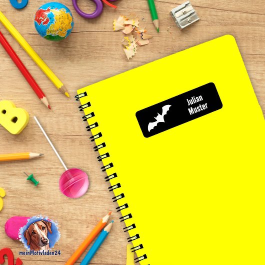 Namensaufkleber eckig - Fledermaus schwarz weiß