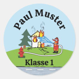 Namensaufkleber - Feuerwehr brennendes Haus - Tag Runder Aufkleber
