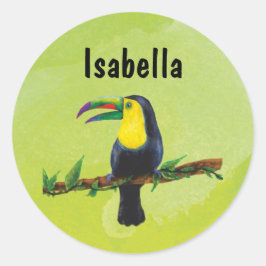 Namensaufkleber grün - Tucan Aquarell-Design  Runder Aufkleber
