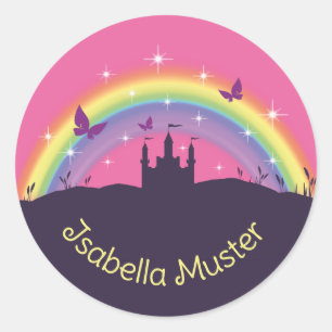 Namensaufkleber - Märchenschloss Regenbogen Runder Aufkleber